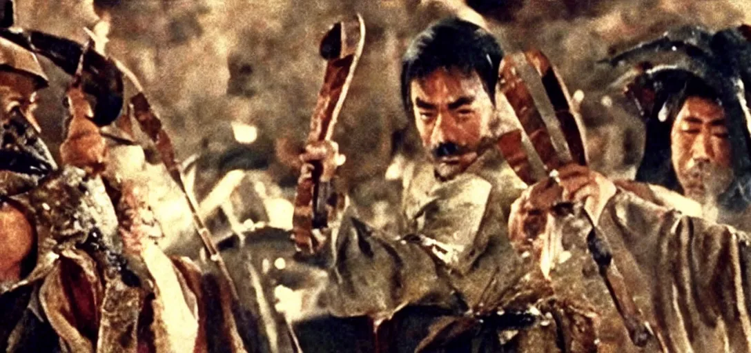 Image similar to scene from Kagemusha, 1980, movie still, cinematic, a chef using magic to make a pizza, epic,