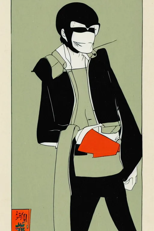 Image similar to portrait of young man wearing black medical mask, style of osamu tezuka