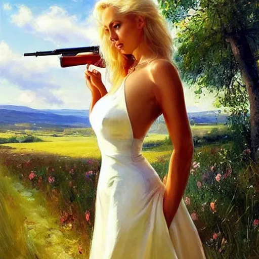 Image similar to mysterious blonde woman in hot dress in the swedish countryside, holding a shotgun, freedom, scenic, beautiful, masterpiece, highly detailed, painting by vladimir volegov