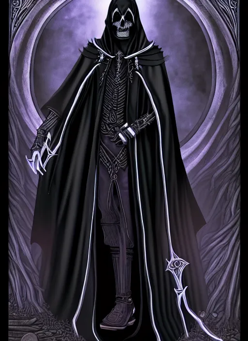 Prompt: ultradetailed artwork of the necromancer, wearing a black cloak, crisp