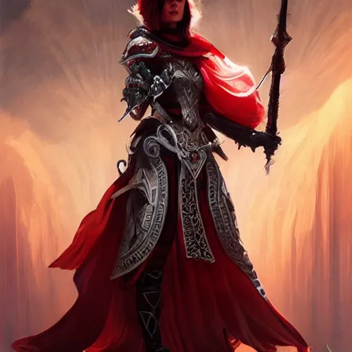 Prompt: a beautiful woman in a crimson cloak holding a glowing white spear and an obsidian shield, silver intricate armor, spotlight, ornate, realistic, cinematic lighting, sunbeams, volumetric lighting, epic pose, victorian, opulent, fantasy concept art, mohrbacher, beeple