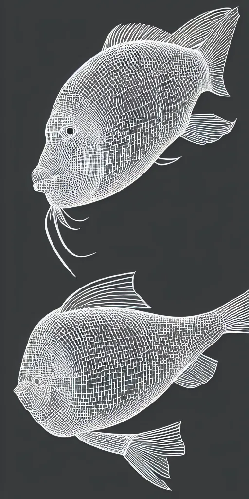 Image similar to illustration vector fine line art of a 3D fish on a full black background