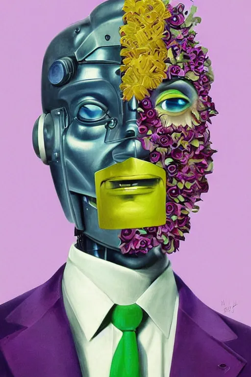 Prompt: a digital painting of a robot in a suit and tie, 1965 character portrait by Vladimir Tretchikoff, cgsociety, panfuturism, made of flowers, neo-figurative, vaporwave