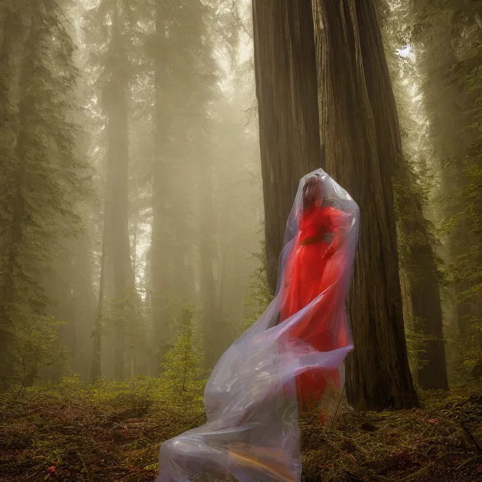 Image similar to a color photograph, closeup portrait of a woman wrapped in plastic, standing next to an agate orb, in a foggy redwood forest, color photograph, by vincent desiderio, canon eos c 3 0 0, ƒ 1. 8, 3 5 mm, 8 k, medium - format print