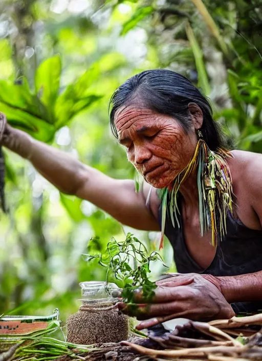 Image similar to a beautiful close up portrait of an indigenous woman preparing plant medicines in the jungle, highly detailed