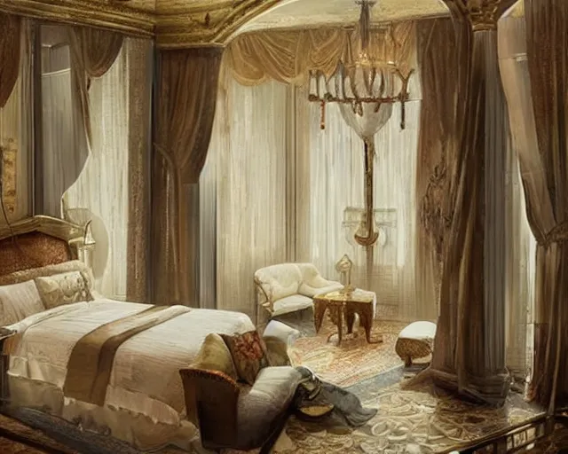 Prompt: a 5 star hotel suite room in the style of renaissance florence, art by greg rutkowski and artgerma, stunning concept art, interior design