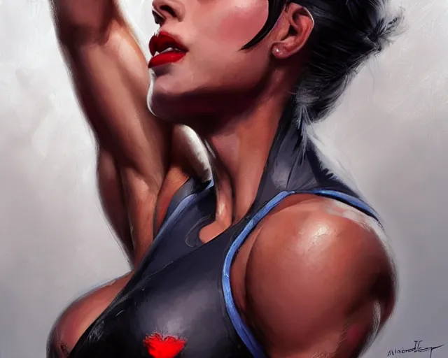 Image similar to portrait of widowmaker from overwatch as a beautiful female bodybuilder amazon with plump lips, elegant, fantasy, hd shot, digital portrait, beautiful, artstation, comic style, by artgerm, guy denning, jakub rozalski, magali villeneuve and charlie bowater