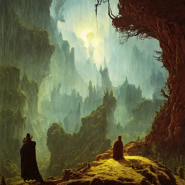 Image similar to a detailed landscape painting inspired by moebius and beksinski of a great forest with path and man with a cape over his head. fantasy poster. cinematic fantasy scene. aurora lighting. fantasy. carl spitzweg. baroque elements. baroque element. intricate artwork by caravaggio. oil painting. award winning. dramatic. trending on artstation. 8 k