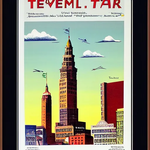 Prompt: The Terminal Tower, Cleveland, Dr. Seuss illustration, framed 1957 poster