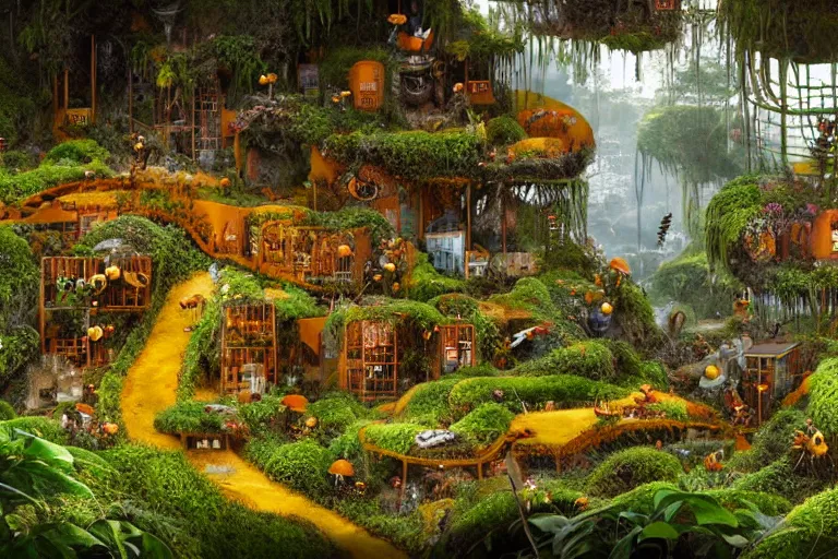 Prompt: elegance, favela garden honeybee hive, slime mold forest environment, industrial factory, cheerful, award winning art, epic dreamlike fantasy landscape, ultra realistic,