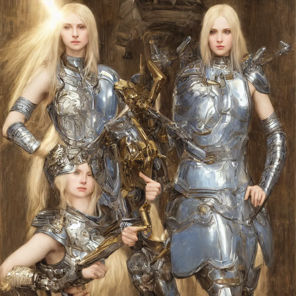Image similar to armored beautiful pale platinum - blonde young woman with light blue eyes, soft gaze, a golden round halo around her head, wearing a fine decorated silver breastplate, painted by john william waterhouse : : 0. 5, epic fantasy, masterpiece, portrait, fine art, digital art, detailed, ultra - hd, cinematic, volumetric, intricate