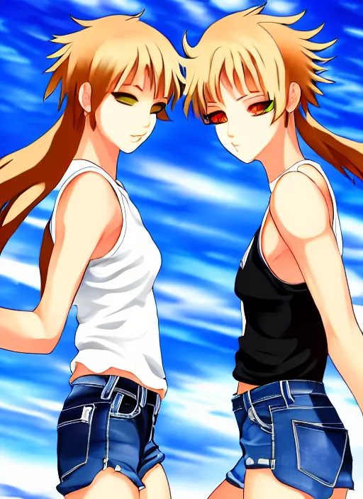 Image similar to two beautiful identical female fighters facing each other, jean shorts, white top, dim lighting, gorgeous features, high resolution, detailed anime art