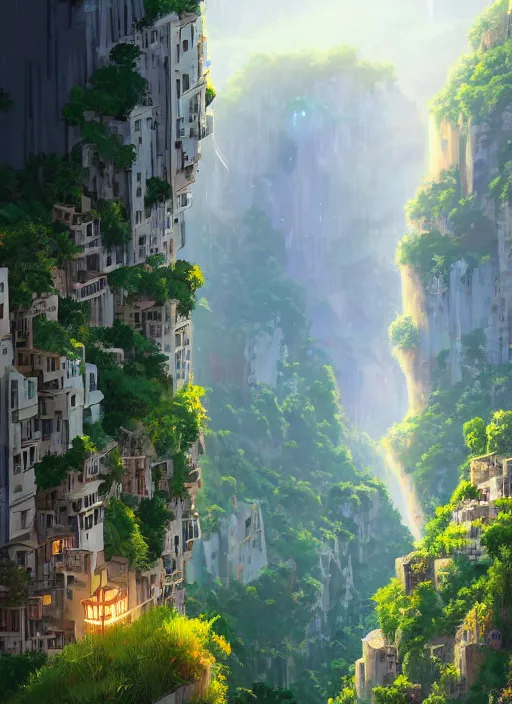 Image similar to city built on terraces in a gigantic canyon, lots of buildings connected by hanging bridges, waterfalls, glow coming from amber veins in the ground, lush vegetation, pitchblack sky, extremly detailed digital painting, in the style makoto shinkai and alena aenami, rim light, beautiful lighting, 8 k, stunning scene, raytracing, octane, trending on artstation