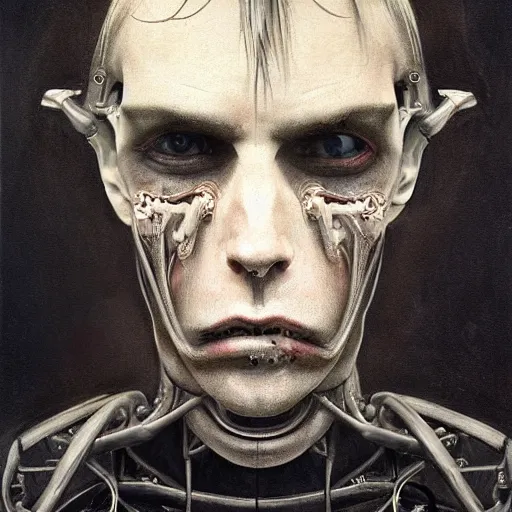 Image similar to surreal portrait of a man by Greg Rutkowski and H.R Giger, symmetrical face, he is about 30 years old, west slav features, short blonde hair with bangs, attractive, smart looking, slim, somewhat androgenic, transformed into a kind of biomechanical transhuman god, disturbing, terrifying but fascinating, with a determined and sinister expression on his face, cosmic void background, frightening, fascinating, highly detailed portrait, digital painting, book cover, artstation, concept art, smooth, sharp foccus ilustration, Artstation HQ