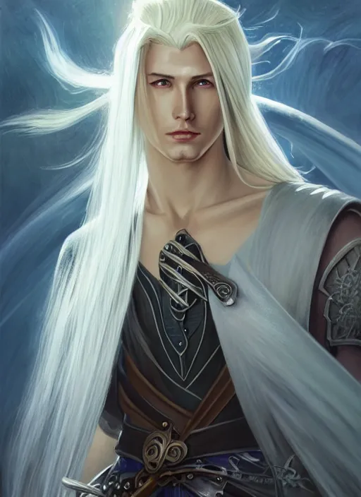 Image similar to centered portrait, Sephiroth as a male D&D Ranger, blonde hair, Art Nouveau, beautiful retro Fantasy heroine 1985, intricate, elegant, highly detailed, centered, digital painting, trending on artstation, concept art, smooth, sharp focus, illustration, art by raphael lacoste, eddie mendoza, Mucha, alex ross, WLOP