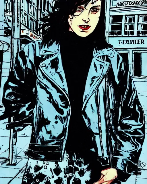 Image similar to young female protagonist in leather jacket, city street, artwork by frank miller