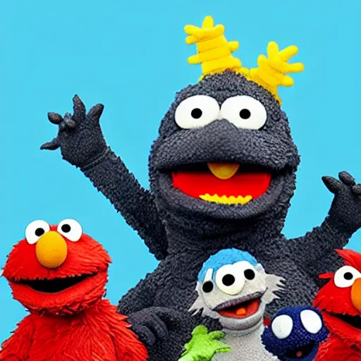 Image similar to godzilla elmo hybrid destroying sesame street