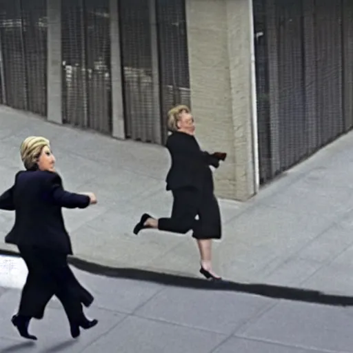 Image similar to large hillary clinton chasing after envelopes running away in fear, cctv footage