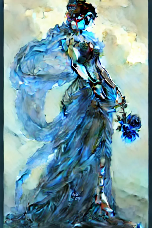 Image similar to woman dressed in a vaporous wrapped large victorian blue roses silk semi-transparent dress fashion is running D&D, fantasy, intricate, elegant, highly detailed, digital painting, artstation, concept art, matte, sharp focus, illustration, art by Artgerm and Greg Rutkowski and Alphonse Mucha