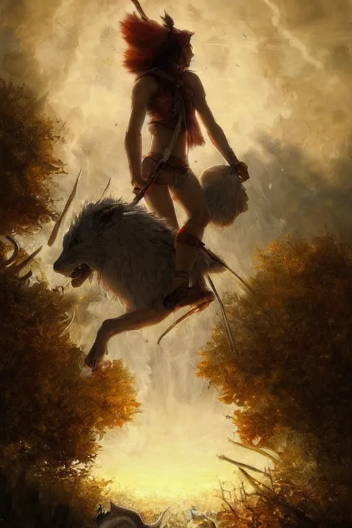 Prompt: breathtaking detailed painting of princess mononoke in a golden sky, fighting arthur rimbaud with a knight armor, mediaval stained glass sky rembrandt style, elegant, highly detailed, artstation, concept art, matte, sharp focus, art by tom bagshaw, and greg rutkowski