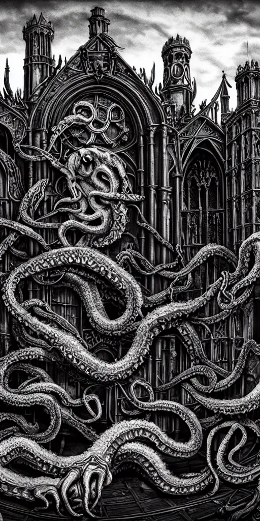 Image similar to extra wide view. Kraken. marvellous magic. Ominous. Gothic medieval baroque. Dry ground cracks. Hyper-detailed. Hyperreal. Photoreal