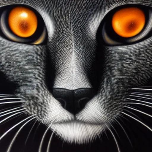 Image similar to an Hyper realistic artwork of a black orange-eyed cat by Jason de Graaf