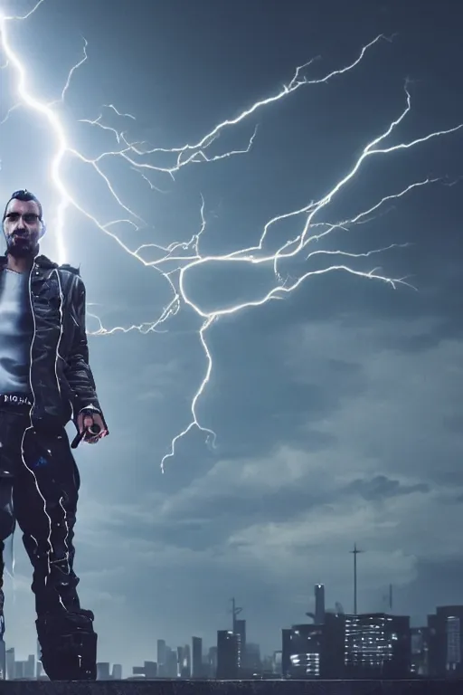 Image similar to man with lightning in his hands flying several meters above the ground with his arms crossed and with a long jacket, cyberpunk, realistic, high definition, many details, symmetrical face, realistic eyes, unreal engine art 5