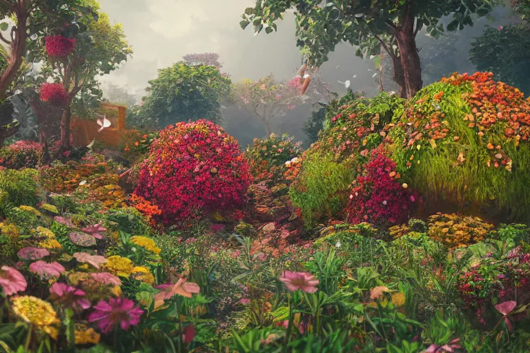 Image similar to super detailed color art, a lot of small garden flowers, A multiverse of berries, unreal engine, wes anderson color palette, 3d render, colorful, digital art