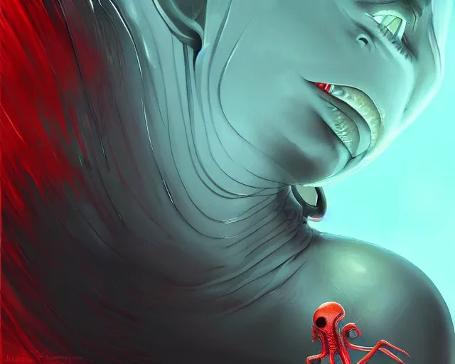 Image similar to alien creature, red, eyes growing on creature, spindly ; high detailed artwork by ilya kuvshinov ; sci - fi, detailed, scary, dangerous ; trending on artstation!!