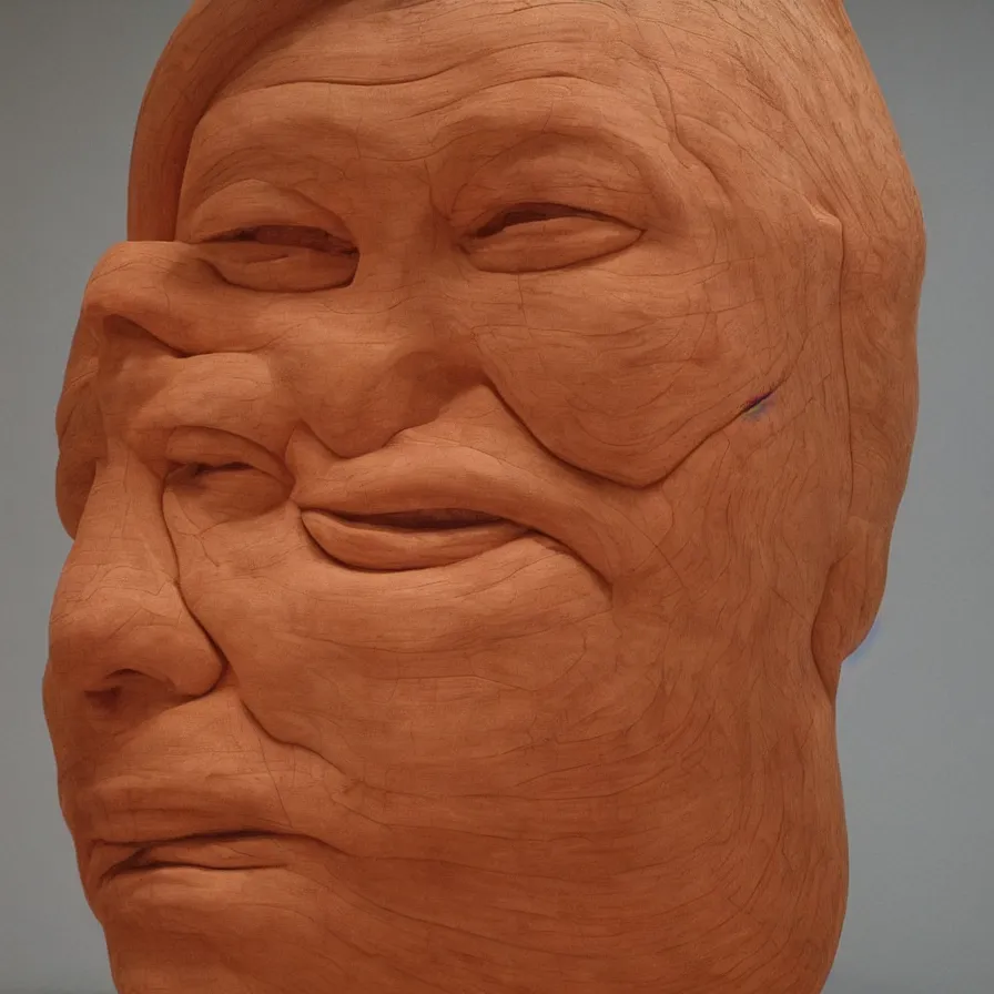 Prompt: hyperrealistic sculpture portrait of a stern woman's face carved out of a block of red cedar wood on a pedestal by duane hanson and donald judd, hyperrealistic dramatic colored lighting trending on artstation 8 k
