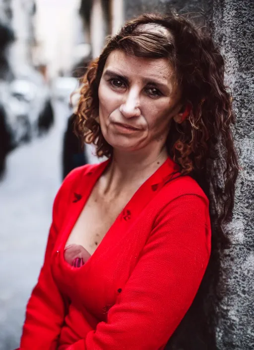 Prompt: close up portrait of beautiful 35-years-old Italian woman, wearing a red outfit, well-groomed model, candid street portrait in the style of Steve McCurry award winning
