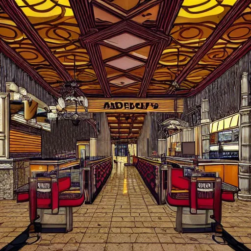 Image similar to interior of a mcdonald's in the style of gothic, circa 1 9 9 9, hyper detailed, 8 k