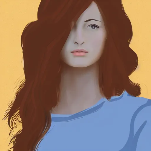 Prompt: portrait of a young woman with long brown hair, simple style, digital art, saturated