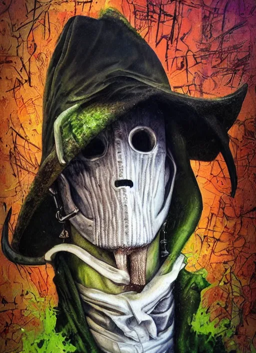 Image similar to a Demon Slayer portrait of a Plague Doctor, tall, pale-skinned, slender with lime green eyes, by Stanley Artgerm, Tom Bagshaw, Arthur Adams, Carne Griffiths, trending on Deviant Art, street art, face enhance, chillwave, maximalist, full of color, glittering