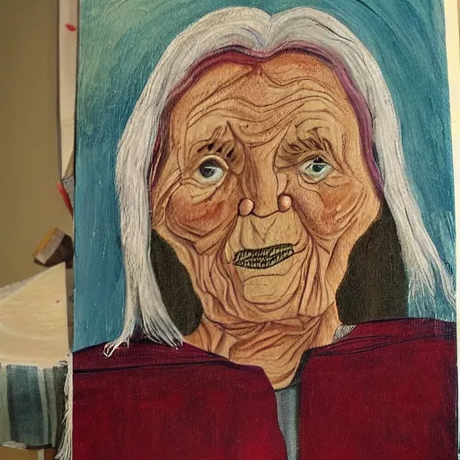 Image similar to painting of a wrinkled old woman, appalachian folk art