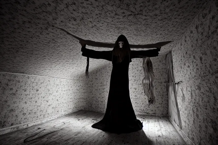 Prompt: levitating goth woman in the attic, demonic magic ritual by Emmanuel Lubezki