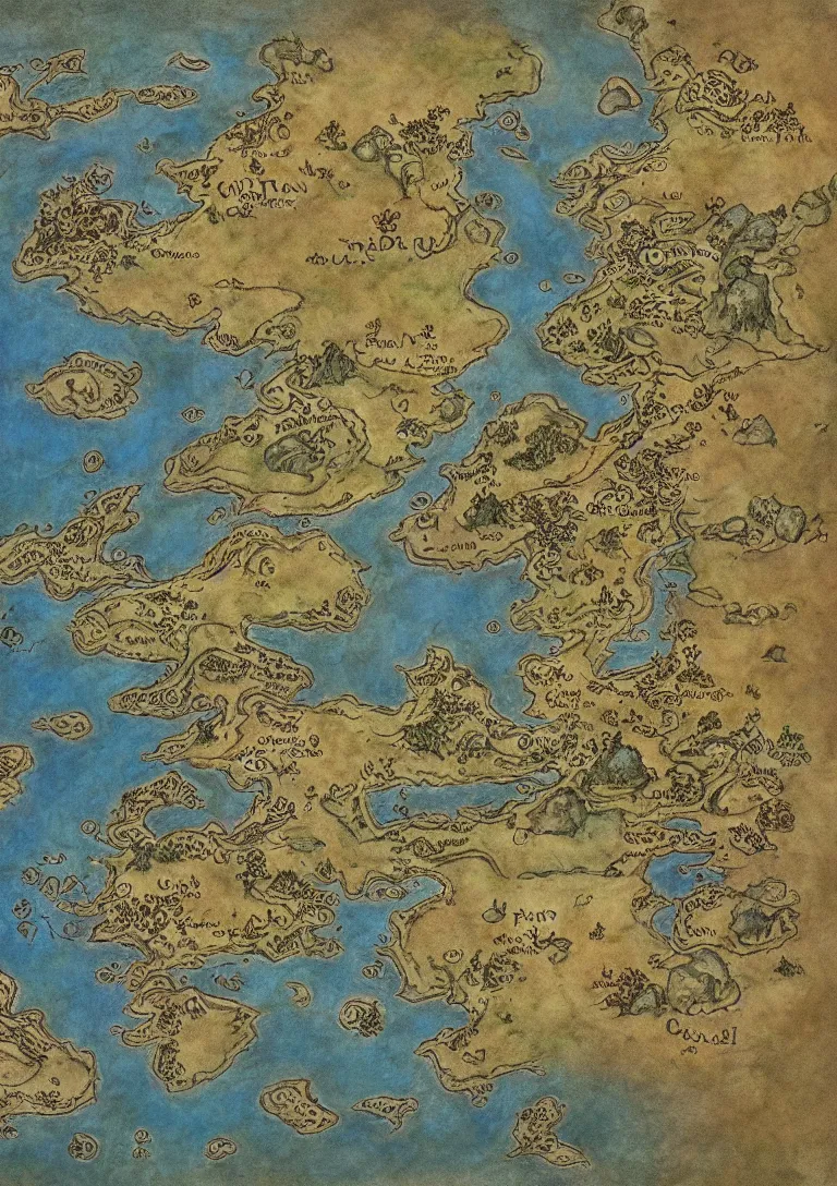 Image similar to simple fantasy map, the land of Odrua, several continents, world of Lute, by JRR Tolkien and Brian Froud, Vatican Map Room, fantasy concept painting, Magic The Gathering Art, trending on art station, showing kingdoms, oceans, continents, vast seas, open plains, swamps frame border