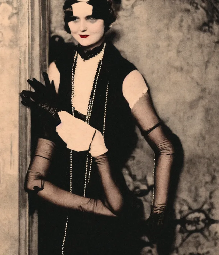 Image similar to antique grainy colored photo of a 1 9 2 0 s short - haired flapper woman in black satin gloves looking and smirking at the camera, at a party in a dimly lit speakeasy bar, jazz age, cohesive, 5 0 mm photography, precise, art deco, cinematic, low - lighting, photography