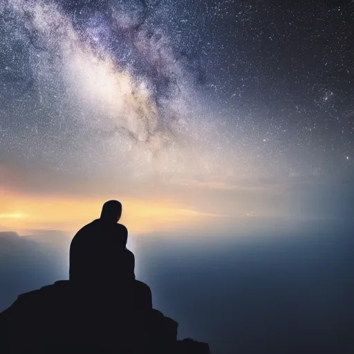 Image similar to 4K ultra HD detailed award-winning wallpaper of silhouette of man sitting on top of mountain cliff looking at huge vast sky storm Milky way