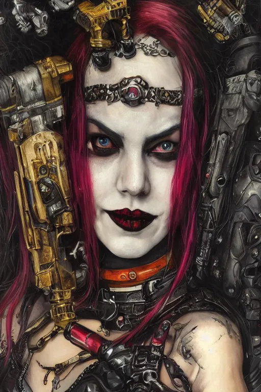 Prompt: portrait of beautiful gothic Harley Quinn, cyberpunk, Warhammer, highly detailed, artstation, illustration, art by Gustav Klimt