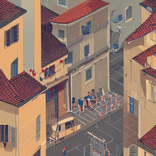 Prompt: dream isometric view illustration of a medieval Marseille street corner, highly detailed, mid day by Victo Ngai and James Gilleard
