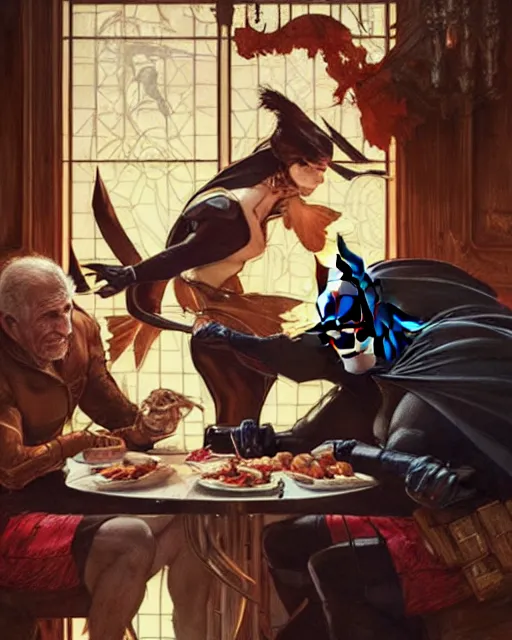 Image similar to Portrait of Batman & Robin having dinner in Porto,real life skin, intricate, elegant, highly detailed, artstation, concept art, smooth, sharp focus, art by artgerm and greg rutkowski and alphonse mucha