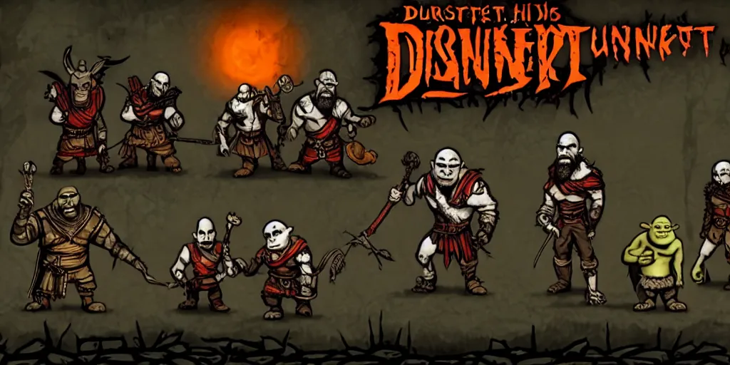 Image similar to shrek, donkey, aynami rei and kratos as characters in darkest dungeon, screenshot from the game, highly detailed, dark atmosphere