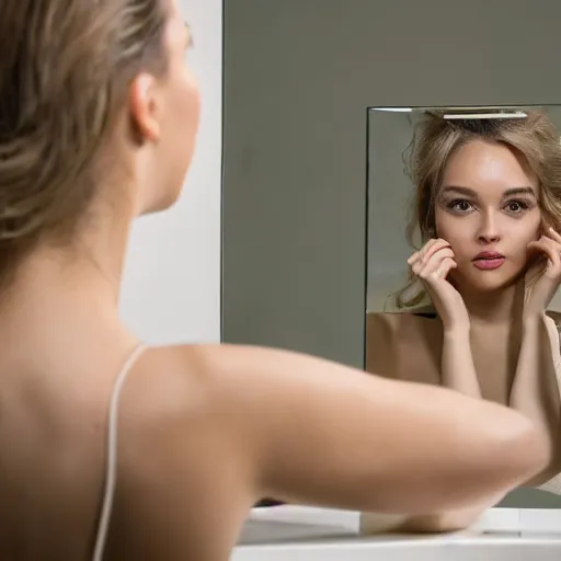 Prompt: a beautiful woman sitting at a vanity in front of a mirror, beautiful face, fashion photography, elegant furniture, cracked mirror