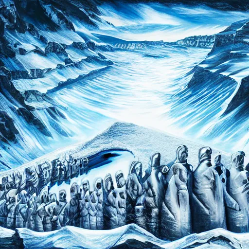 Image similar to epic masterpiece Antarctica superhuman origin mythos inscribed on ice, cinematic, establishing shot, extremely high detail, photorealistic, cinematic lighting, intricate line drawings, 8k resolution