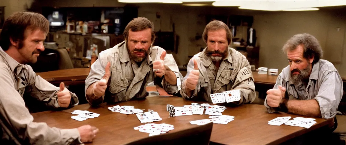 Image similar to a high quality extreme wide establishing shot hd 4 k film 3 5 mm color photograph of a group of grizzled caucasian male civilian military contractors sitting at a square table playing cards in a dimly lit breakroom smoking ciggarettes, one of them gives a sarcastic thumbs up towards the camera in 1 9 8 2