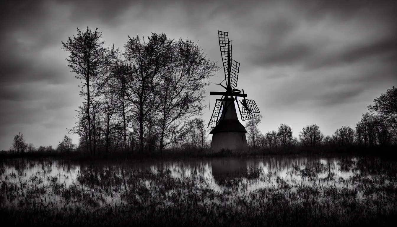 Prompt: old burning windmill in grassy flooded swamp, dark, atmospheric, scary, ambient vibe, very detailed, black and white, 8 k