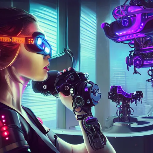 Image similar to portrait of a beautiful cybernetic raver girl wearing a oculus rift headset in a futuristic japanese penthouse, cyberpunk concept art by pete mohrbacher and artgerm and wlop and greg rutkowski, digital art, highly detailed, intricate, sci-fi, neon colors, sharp focus, Trending on Artstation HQ, deviantart, unreal engine 5, 4K UHD image