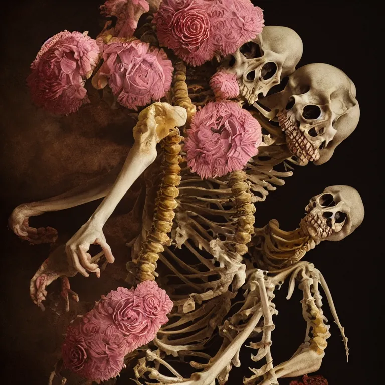 Image similar to still life of rotten flesh, beautiful pastel flowers, human spine, colorful mold, baroque painting, beautiful detailed intricate insanely detailed octane render, 8K artistic photography, photorealistic, chiaroscuro, Raphael, Caravaggio