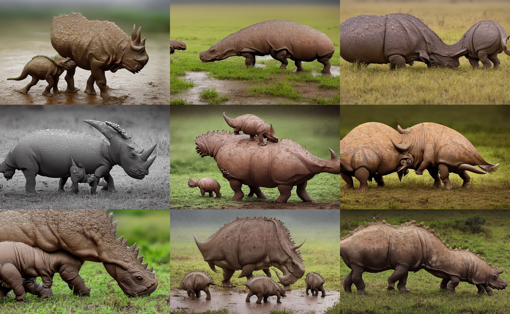 Prompt: nature photography of a wet triceratops mother and baby triceratops, african savannah, rainfall and mud, digital photograph, award winning, 5 0 mm, telephoto lens, national geographic